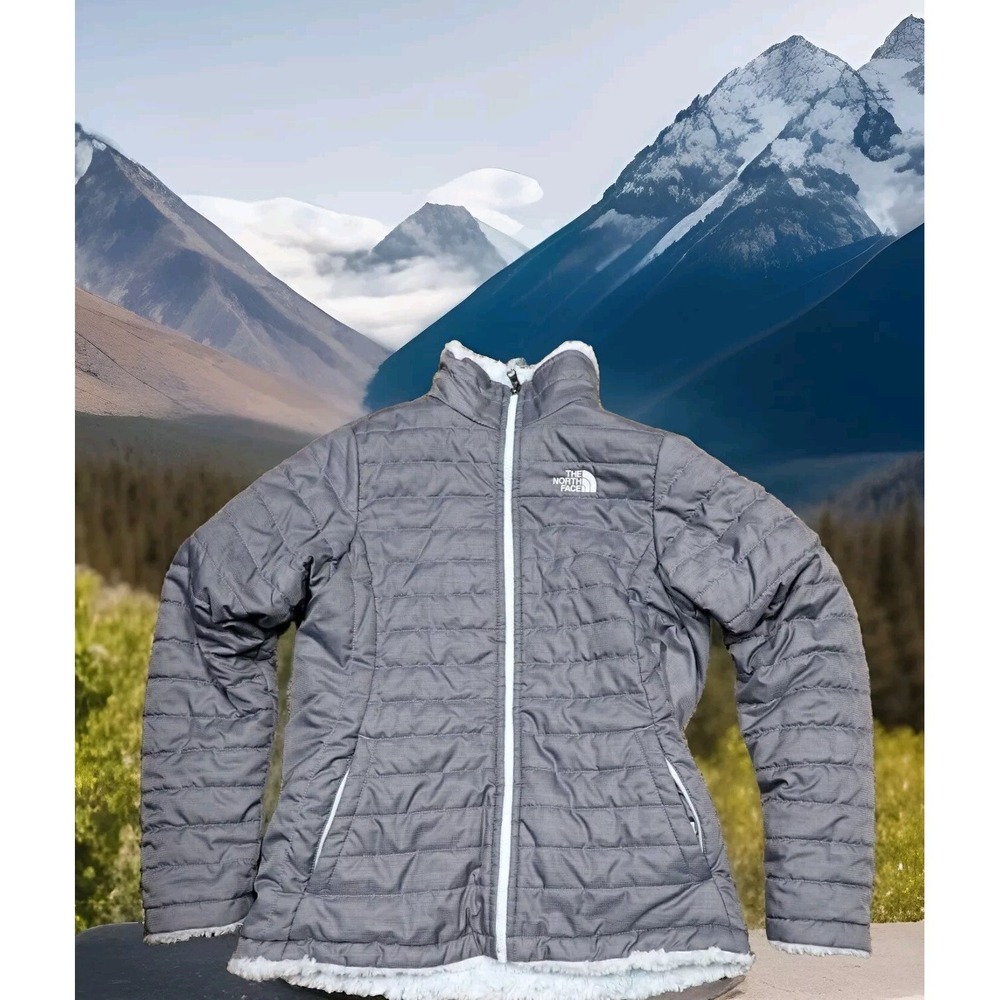 The North Face Reversible Jacket Girls XL 18 Gray Blue Excellent Mossbud Swirl